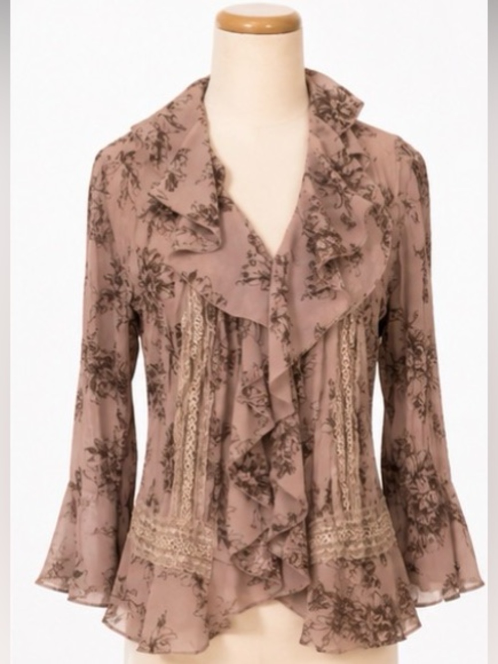 [New York City Design Co] Tan Print Ruffle Blouse Top Petite Small PS